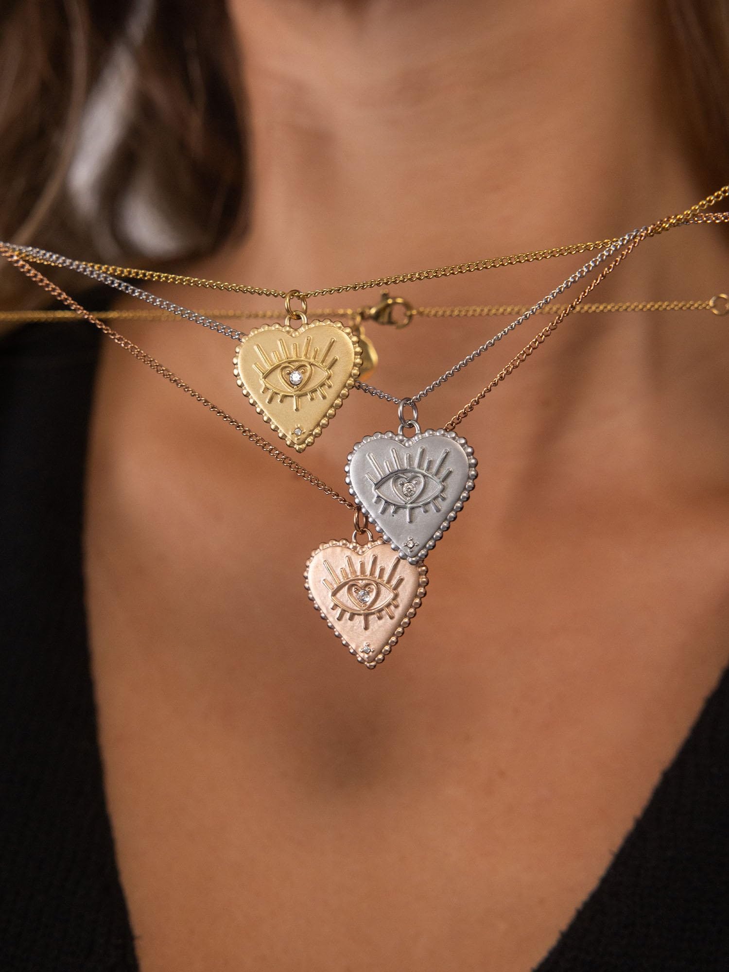 Purelei Collana a forma di cuore con occhio, in acciaio inox placcato oro 18 carati, oro rosa/argento, pietra preziosa con zirconi, regolabile 50-55 cm, collana da donna con ciondolo a forma di cuore