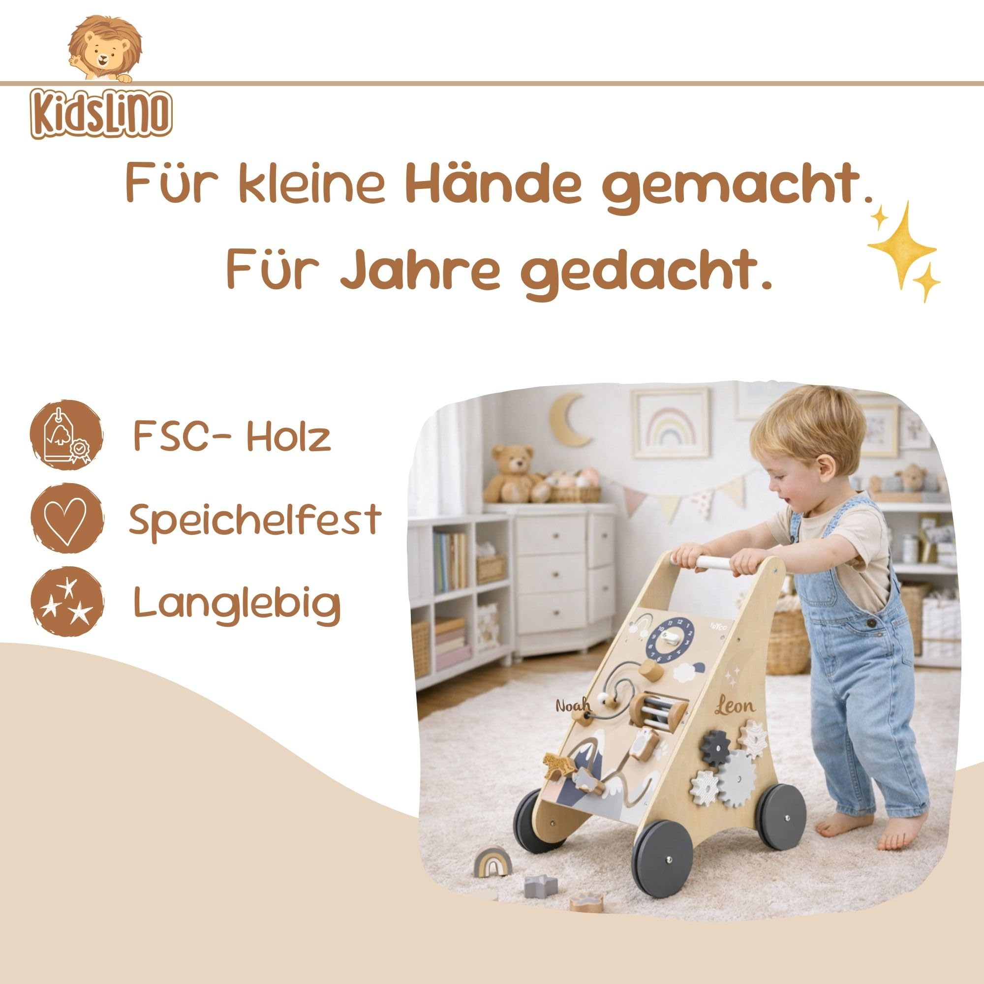 Personalisierter Lauflernwagen aus Holz mit Name – Sicherer Baby Schiebewagen für erste Schritte – Lauflernhilfe mit Bremse & Motorikspiel – Geschenk zum 1. Geburtstag für Mädchen & Jungen