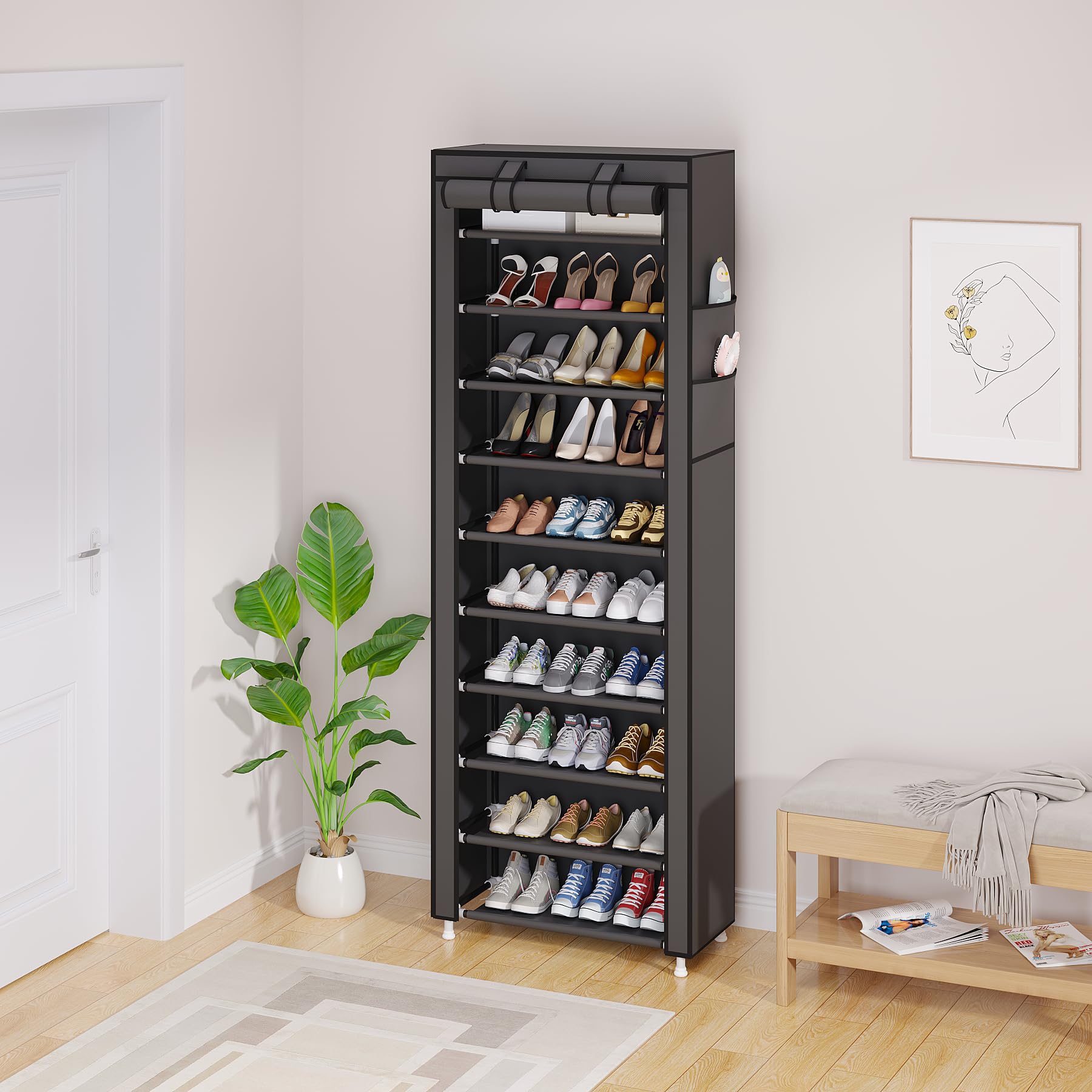 UDEAR Freistehendes Schuhregal mit 10 Ebenen, stabiles Schuhregal, Organizer für Schrank, Eingang, stapelbares Schuhregal mit staubdichter Abdeckung, Grau