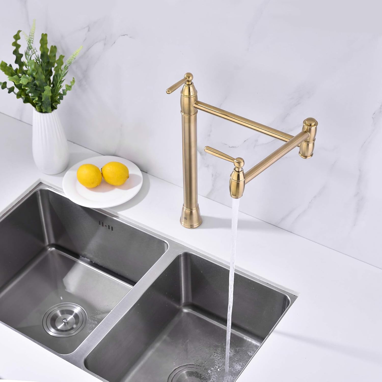 Black Friday - 60% OFF Avola Solid Brass Kitchen Sink Pot Filler Faucets, Double Swing Deck Mount Pot Filler Faucet, Stretchable Gold Pot Filler
