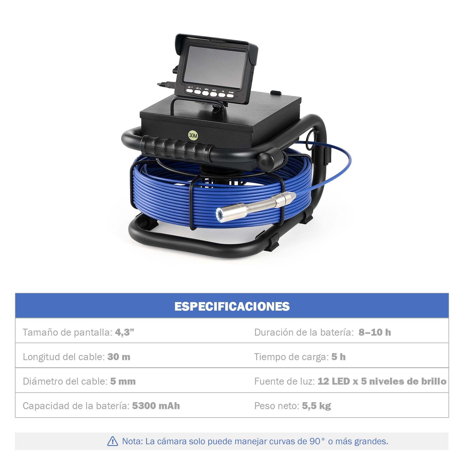 ZELCAN 4,3 Pulgadas Cámara de Alcantarillado, Cámara de Inspección de Alcantarillado con Cable de 30 m y Marcadores de Longitud, Cámara Impermeable para Tuberías