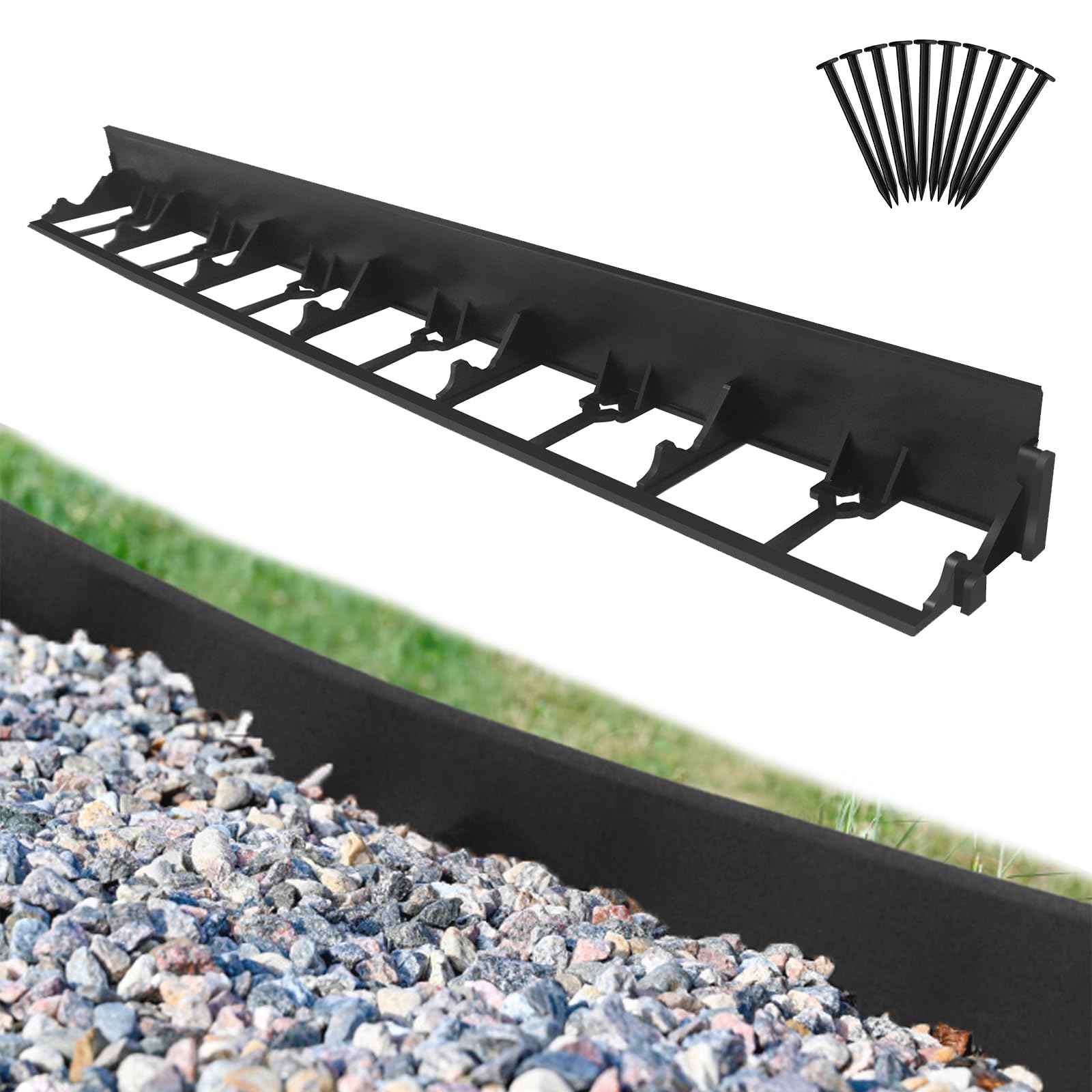 NAIZY Bordo per prato 24 m con 100 ancore, in plastica, pieghevole, bordo per aiuole, bordo alto 7,8 cm per giardino, prato, decorativo, nero (24 pezzi/24 m)