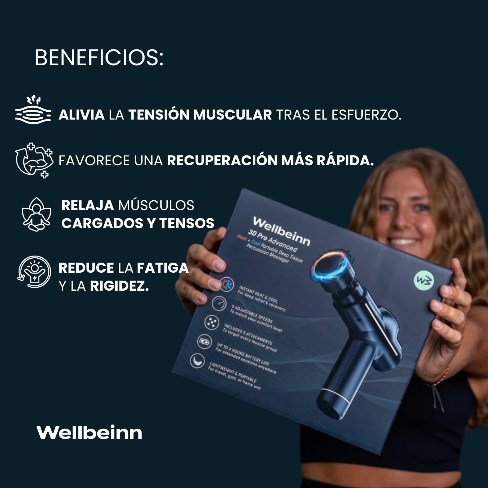 WELLBEINN Pistola de Masaje Muscular con Calor y Frío | Massage Gun Profesional Tejido Profundo | 5 Velocidades | 5 Cabezales | Masajeador Cervical y Espalda para Alivio del Dolor y Recuperación
