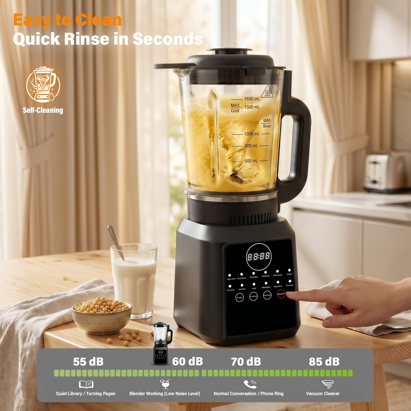 Suppenmixer 1,7L mit Heizfunktion, Glasbehälter und 14 Klingen | Heiß- und Kaltmixer mit 12 Programmen, Timer, Warmhalten und Selbstreinigung für Suppen, Smoothies und mehr