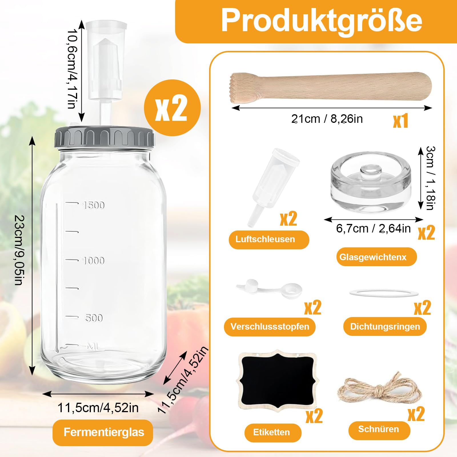 Fermentierglas 2 Stück 2L, 64oz Kimchi Behälter mit Luftschleuse und Gewicht, Breiter Mund Fermentiergläser mit Holzstößel, Kefir Glas mit Deckel, für Pickles, Sauerkraut, Sauerteig Starter