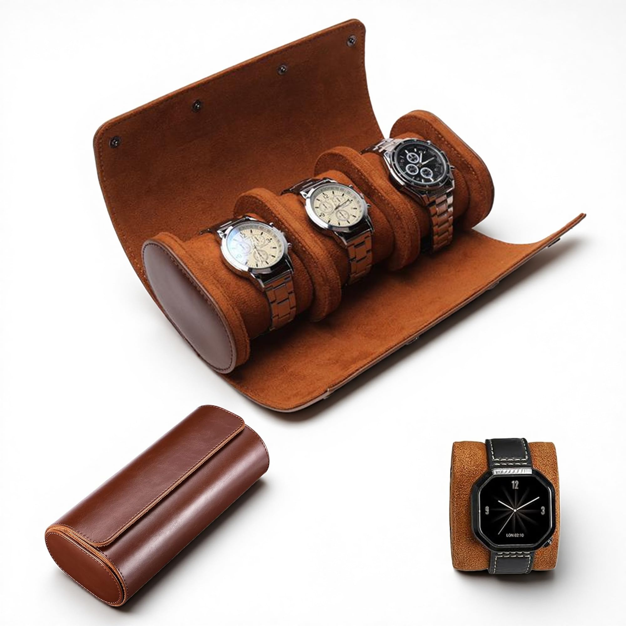 Lifegogo 3 Slot Watch Travel Case for Men: PU Leather Watch Roll Portable Travel Watches Case with Removable Cushions for Men Women Watch Holding Storaging Displaying