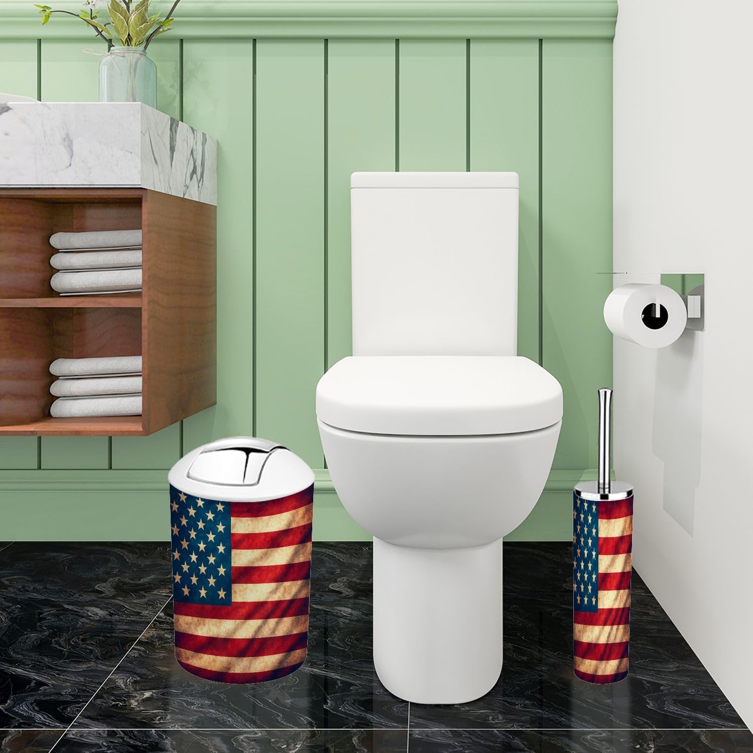 Bathroom Accessory Set 6 Piece American Flag Retro Grunge Stars Stripes Red White Color Scheme Blue Trash Can, Toothbrush Holder, Toothbrush Cup, Toilet Brush, Soap Dispenser, Soap Dish