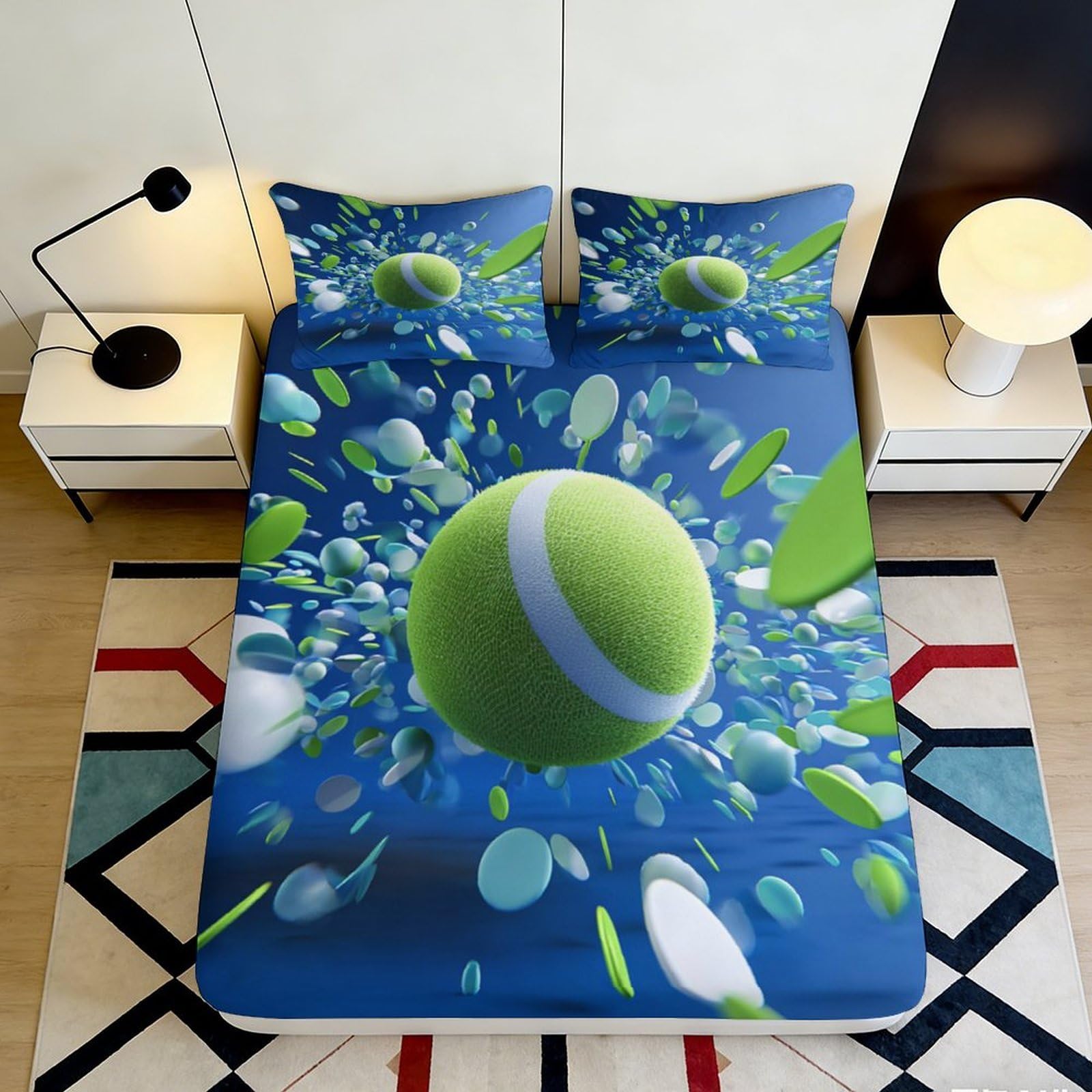 3D Printed Tennis Theme Fitted Sheet, Soft Touch Microfiber, Wrinkle Resistant, Bedroom Decor, Apartment Bedding, Easy to Remove, Dustproof, Mattress Cover 140x200x25cm
