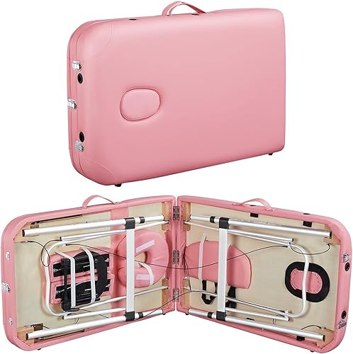 Miniatura 5 de Topeakmart Mesa de masaje portátil de aluminio, mesa de terapia de cama de spa, cama de salón ajustable de 84 pulgadas, 3 pliegues, rosa Rosado