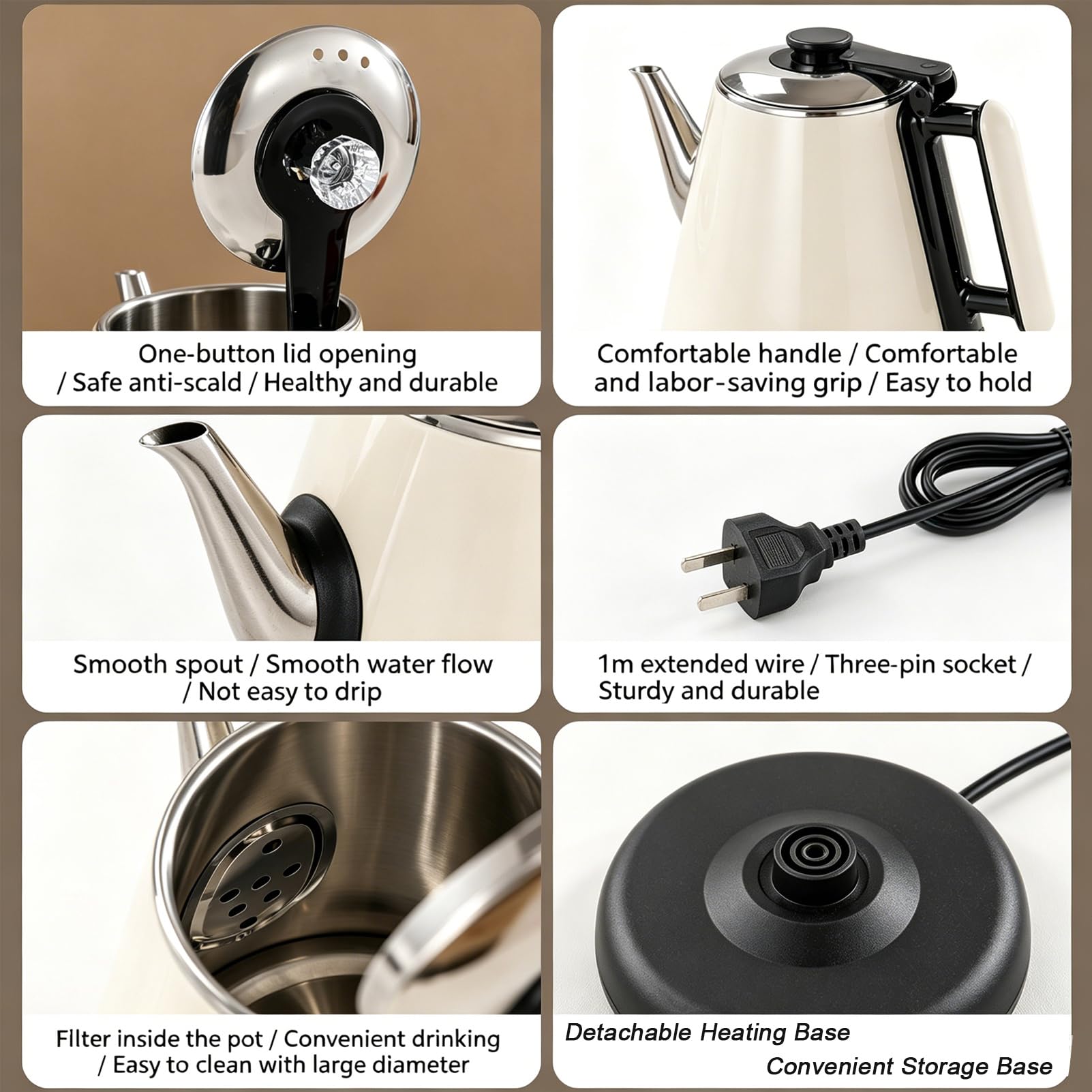 Bouilloire électrique 1L, chaudière à Eau en Acier Inoxydable 304 avec arrêt Automatique, Protection à l'ébullition, Base pivotante sans Fil pour Le café de Bureau à Domicile
