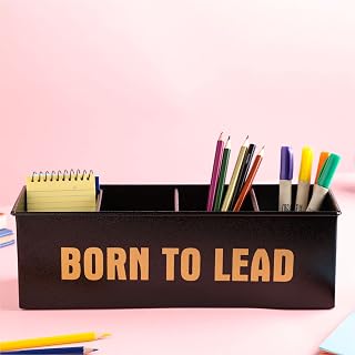 dudki Stylish Desk organizer for office table with 4 compartments | Metal Desk Organizer Stationary Storage Stand Pen, Pencil Holder for Office, Home, and Study Table (BORN TO LEAD) Texture Black