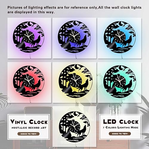 Miniatura 3 de KingLive Reloj de pared de 12 pulgadas con diseño de lobo salvaje, diseño de disco de vinilo LED, estética, color negro, silencioso, para decoración