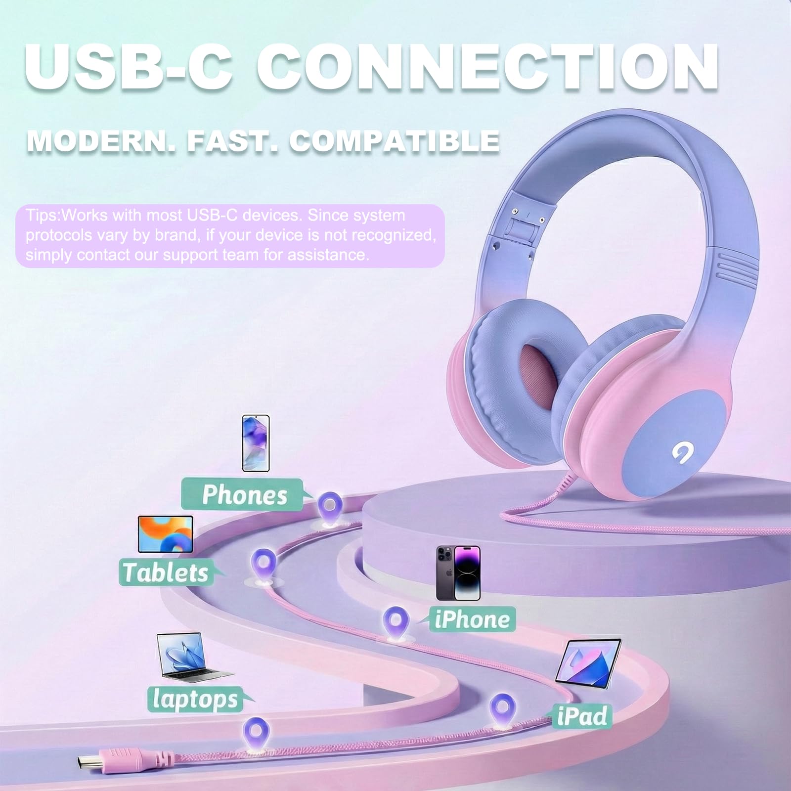 ADOOPE Cuffie cablate per bambini con spina USB C, volume sicuro 85 dB, archetto regolabile, senza grovigli, cuffie per scuola, tablet, viaggi (viola chiaro e rosa, senza microfono)