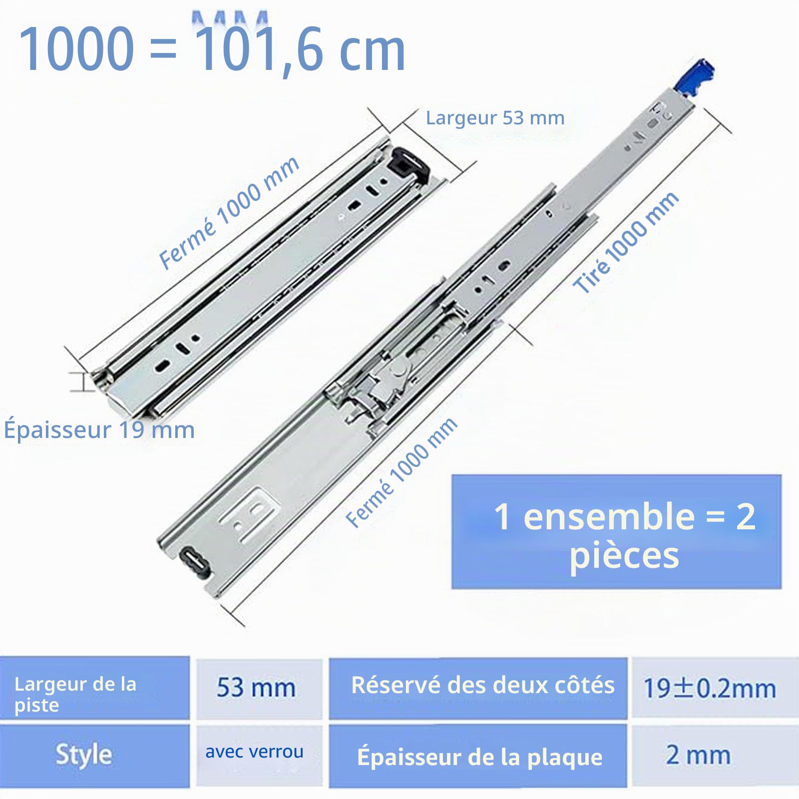 Coureurs de Tiroir 1000 mm | Charge Maximale 120 kg | Rail de Tiroir Détachable à 3 Sections | Coureurs de Tiroir Robustes avec Verrouillage | Assemblage Latéral 1 Paire