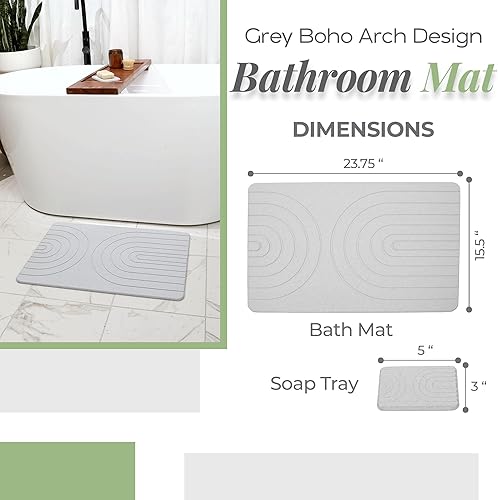 Miniatura 3 de STELAS Tapetes de baño de piedra con bandeja de jabón, tapetes de baño de arco bohemio gris para suelo de baño, tapete de baño de piedra de ducha