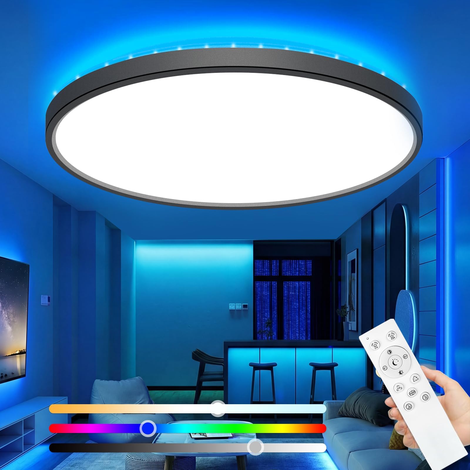 zemty LED Deckenleuchte mit Fernbedienung, 3000-6500K Dimmbar Deckenlampe RGB Farbwechsel, Wasserfest Badezimmer Lampe Decke für Schlafzimmer Kinderzimmer Jugendzimmer 29CM Schwarz