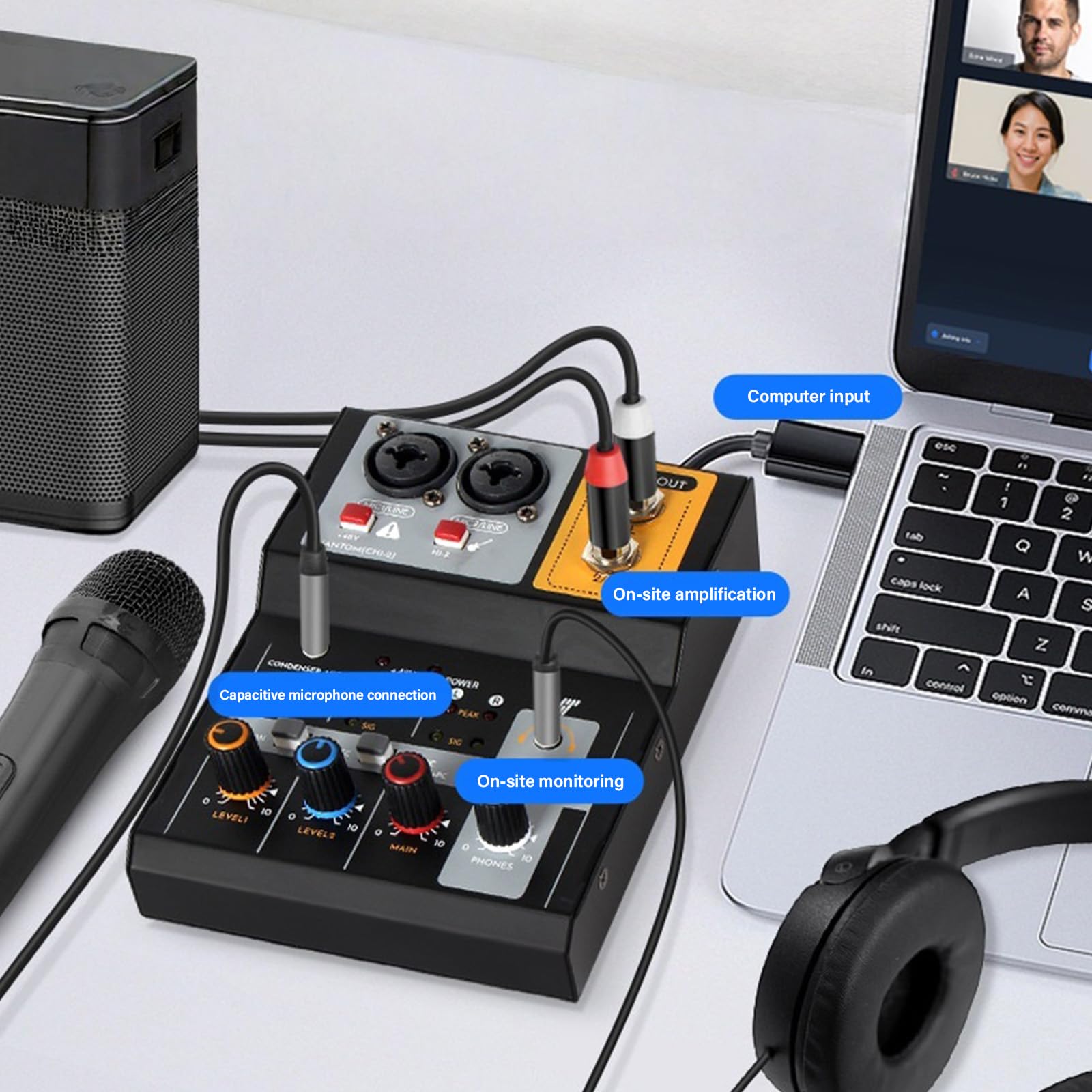 Mezclador de estudio de 2 canales, placa de sonido, mezclador auditivo USB con sonido Hifi 32 bits/384 kHz resolución para audio USB