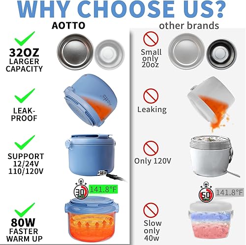 Miniatura 10 de Aotto Lonchera eléctrica, 507080 W, 3 en 1, calentador de alimentos portátil para adultos, 12 V, 24 V, 110 V, calentador de alimentos para