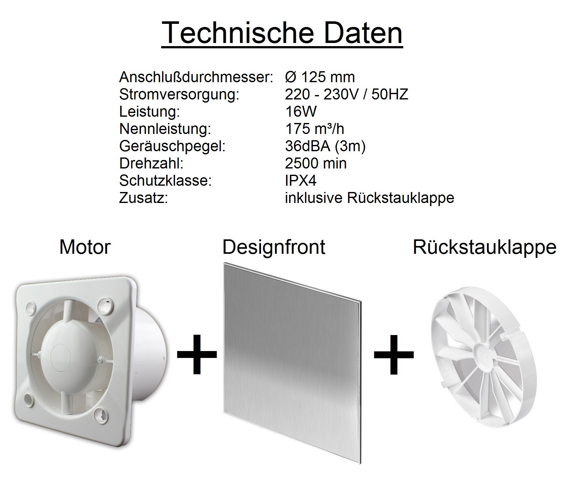 WTI125T designerski wentylator łazienkowy, ze stali nierdzewnej, z timerem/wybiegiem i klapą zwrotną, WTI125T, wentylator ścienny, wentylator łazienkowy, wentylator do zabudowy, do łazienki, kuchni, cichy, 12,5 cm