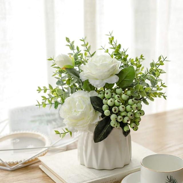 HUAESIN Artificial Flowers Fake Silk Roses Flowers in Pot Vase Faux Roses Floral Arrangements Greenery for Home Office Kitchen Bedroom Table Wedding Party Decor White