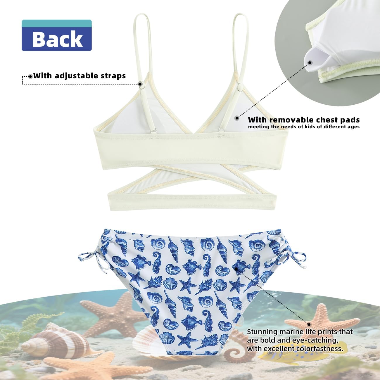 MIENOE Teen Girls Two-Piece Bikini Swimsuits | Removable Chest Pad Nylon Swimwear Kids Size 6-17 Years - Image 3