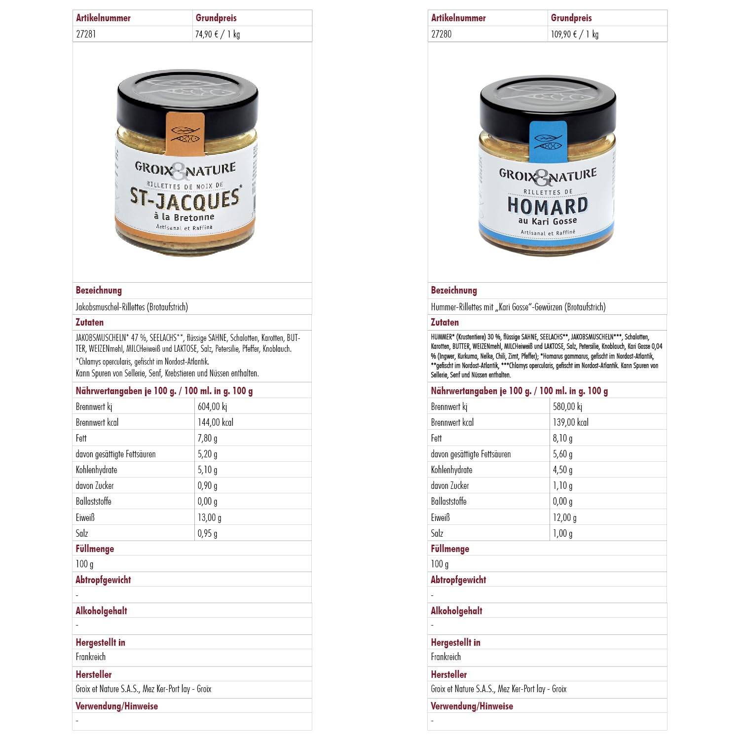 Groix et Nature, Probierpaket - Meeres-Rillettes, Jakobsmuscheln, Hummer, Lachs, Krabben, aus Frankreich, 4 x 100 g