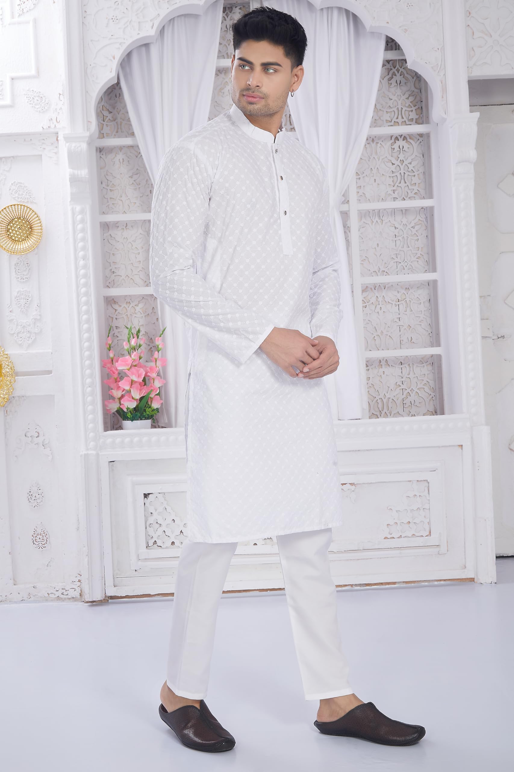 Divisive Men's Thread Embroidered Cotton Only Slim Fit Kurta (Dkrt633_M_White)