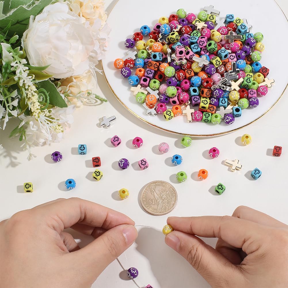 1 Box 900PCS Easter Cross Bead Kit Acrylic Cube Square Round CCB Plastic Crucifix Silver Mixed Color Spacer Loose Beads Charm Bulk for Jewelry Making Necklace Bracelet DIY Craft Supply