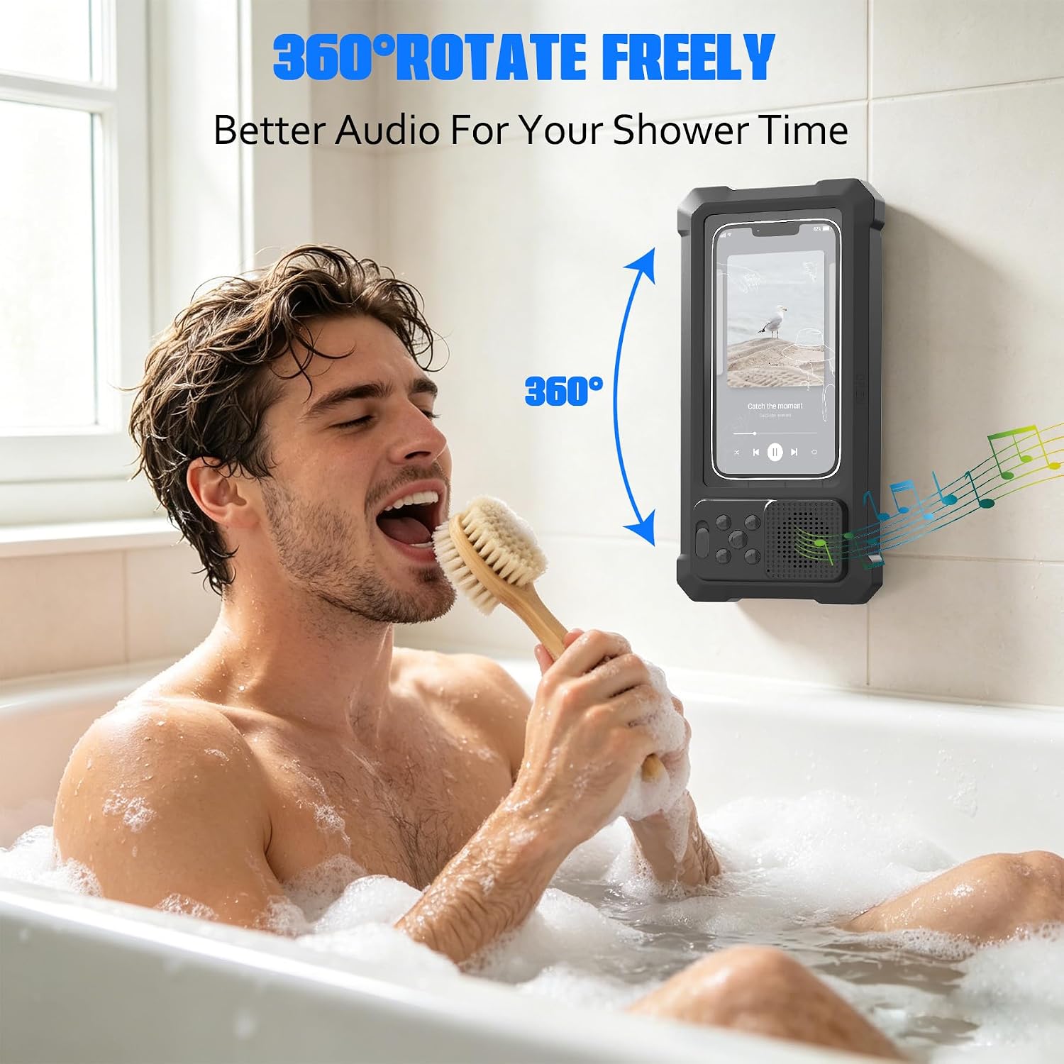 Shower Phone Holder with Wireless Bluetooth Speaker,Big Sound & Clear Bas image 3