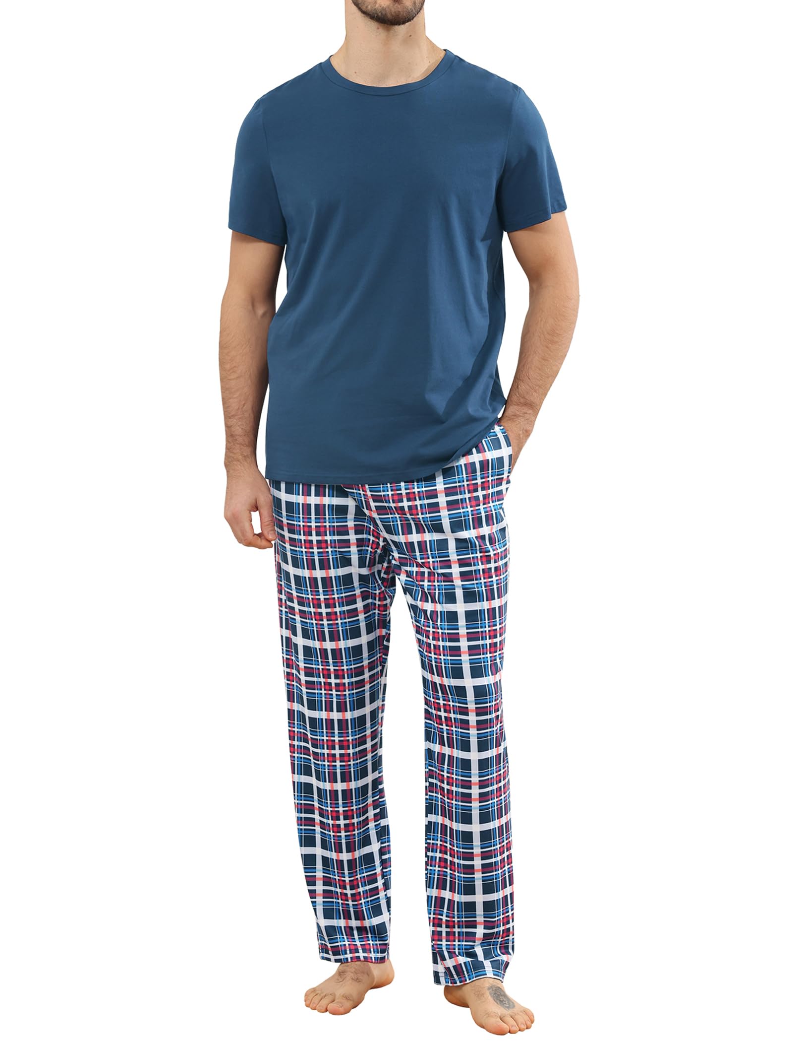 Pijama Hombre Largo Algodon Verano, Dos Piezas Ropa de Dormir, Conjunto Camiseta Manga Corta y Pantalones de Cuadros con Bolsillos, Ropa de Casa Suave Cómodo S-XXL