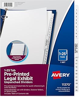 Avery Premium Collated Legal Exhibit Binder Dividers with Tabs, 1-25 and Table of Contents, 8.5 x 11 Inches, Binder Divider with Tabs, Avery Style (11370)