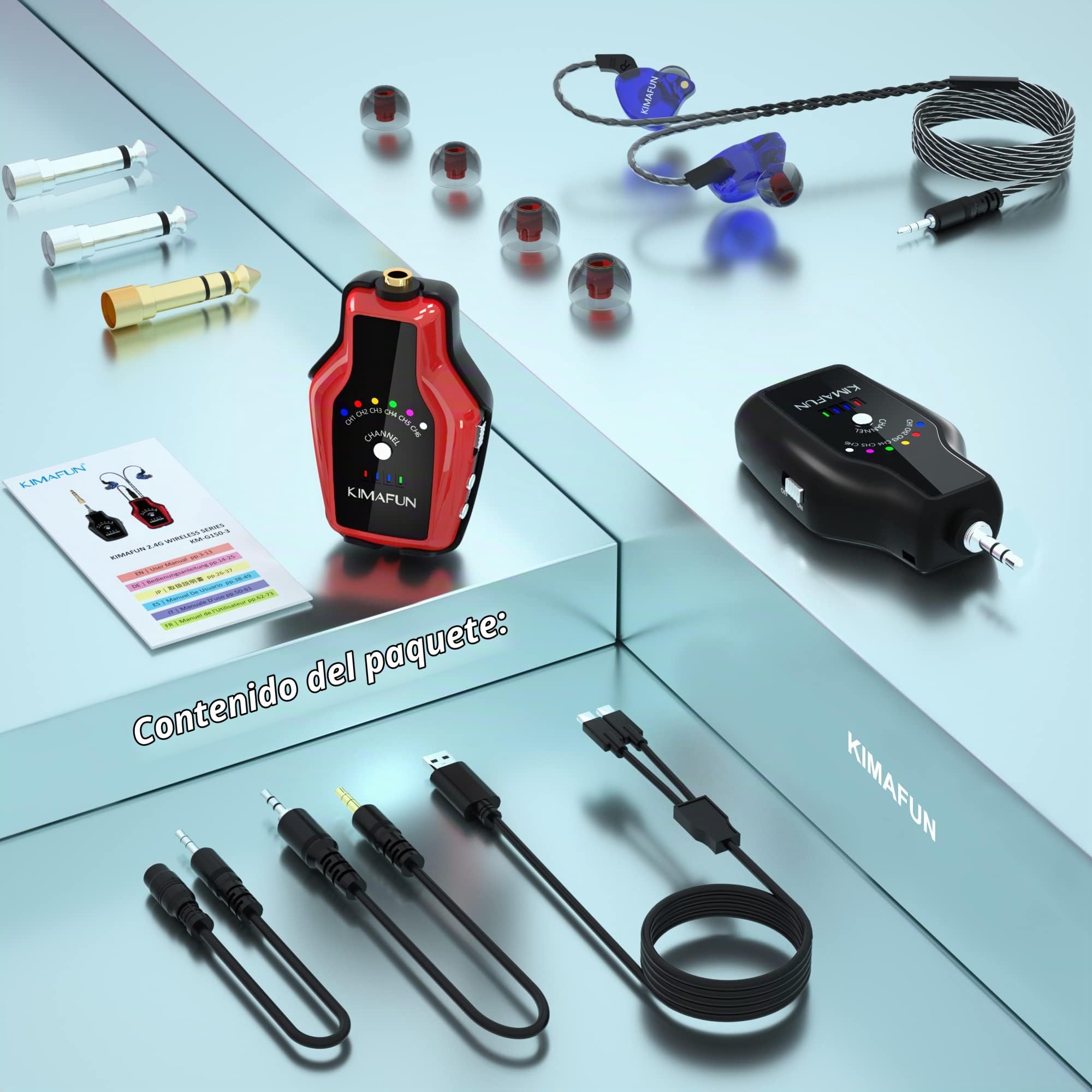 KIMAFUN 2.4G Sistema Inalámbrico In-Ear Monitorización, En La Oreja Monitor Estereofónico para Ensayo de Banda, Amplificador de Bajo de Guitarra, Parlantes, Grabación, Transmisión en Vivo(1TX+1RX)