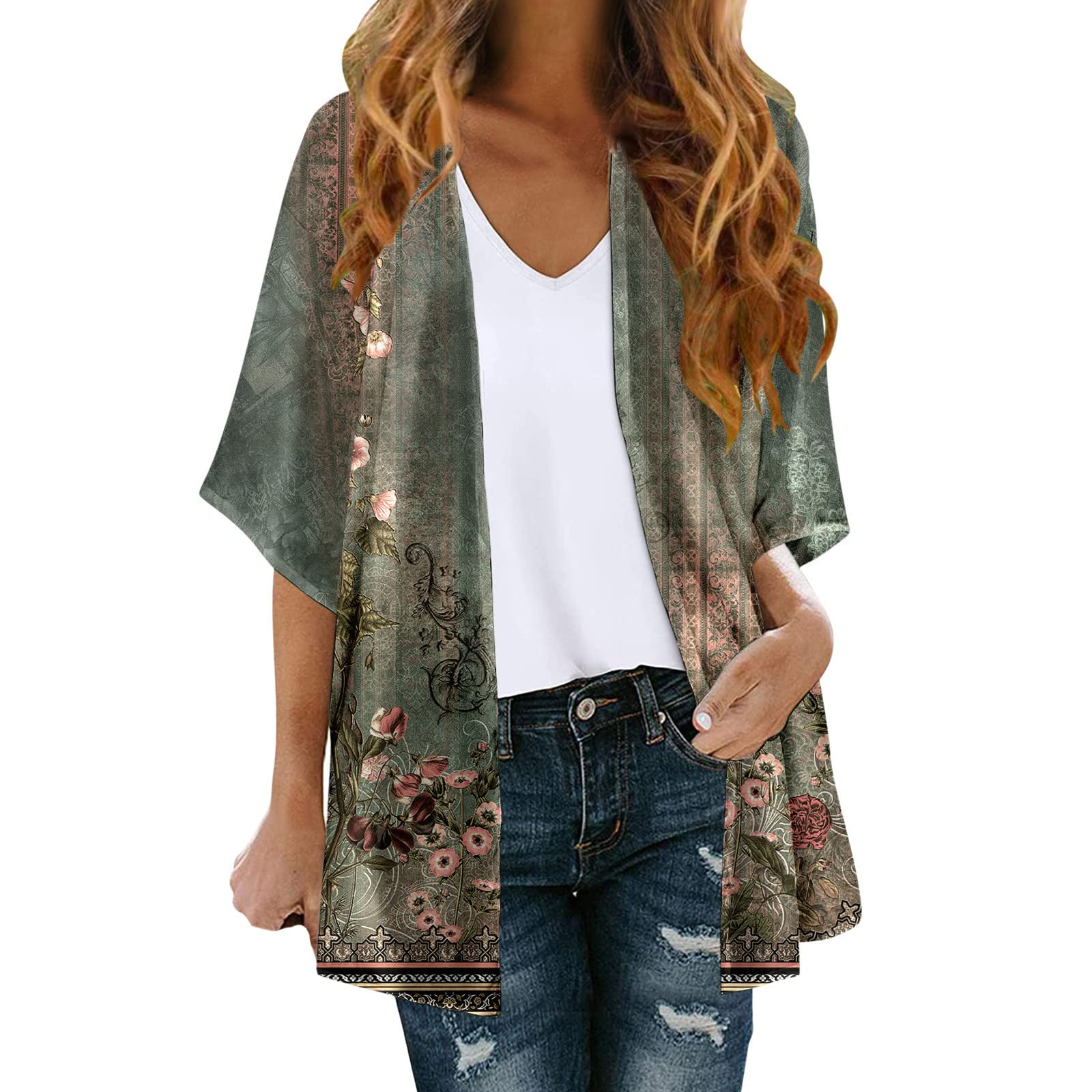 TDEOK Kimono de baño para mujer, cárdigan, tallas grandes, abrigo de playa, largo de verano, vestido de playa, ligero, traje de baño, chaqueta de playa, chaqueta de playa de manga corta 7/8, toalla de