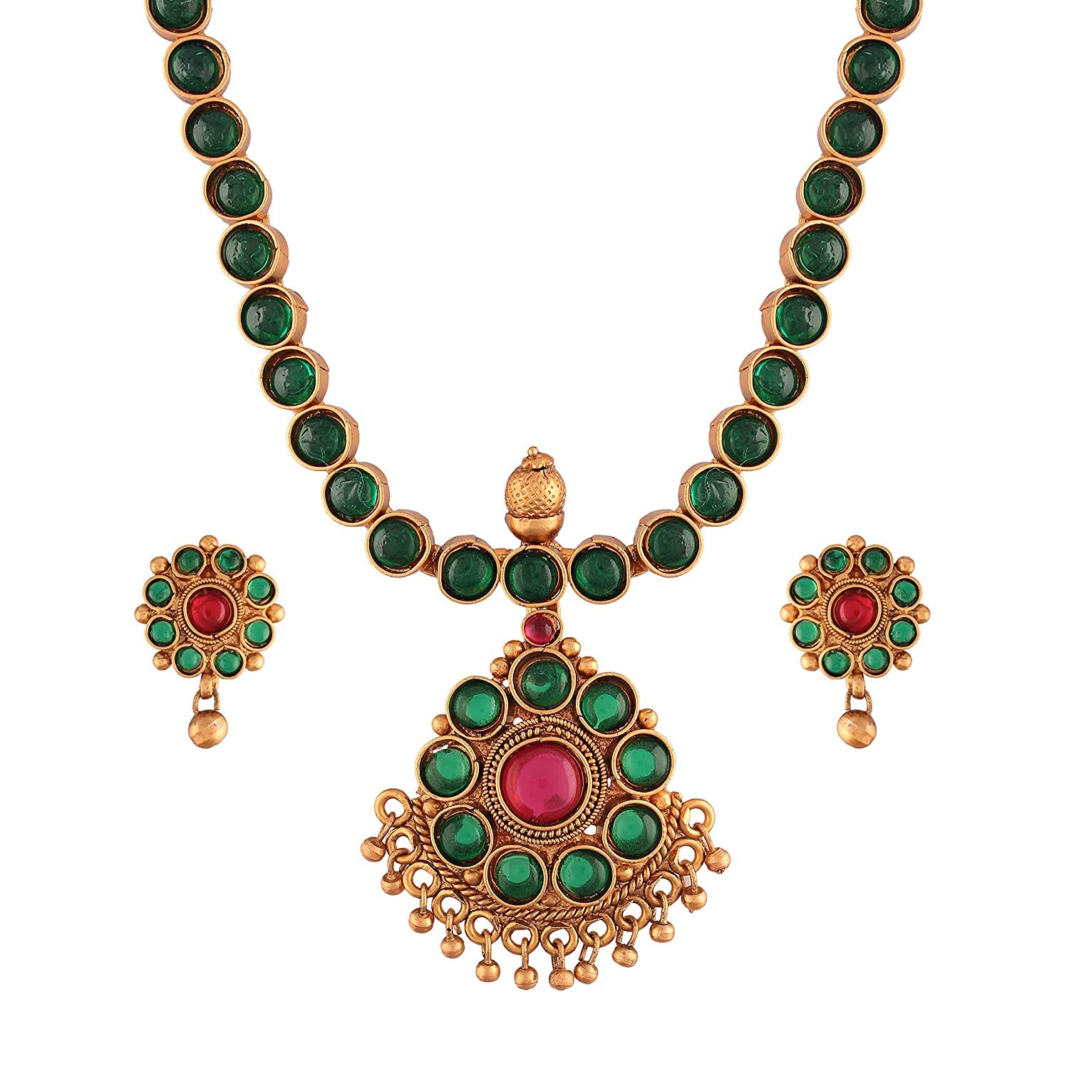 18K Gold Plated Intricately Designed Traditional Brass Jewellery Set With Earrings Glided with Kundan (SJ080)-image-31