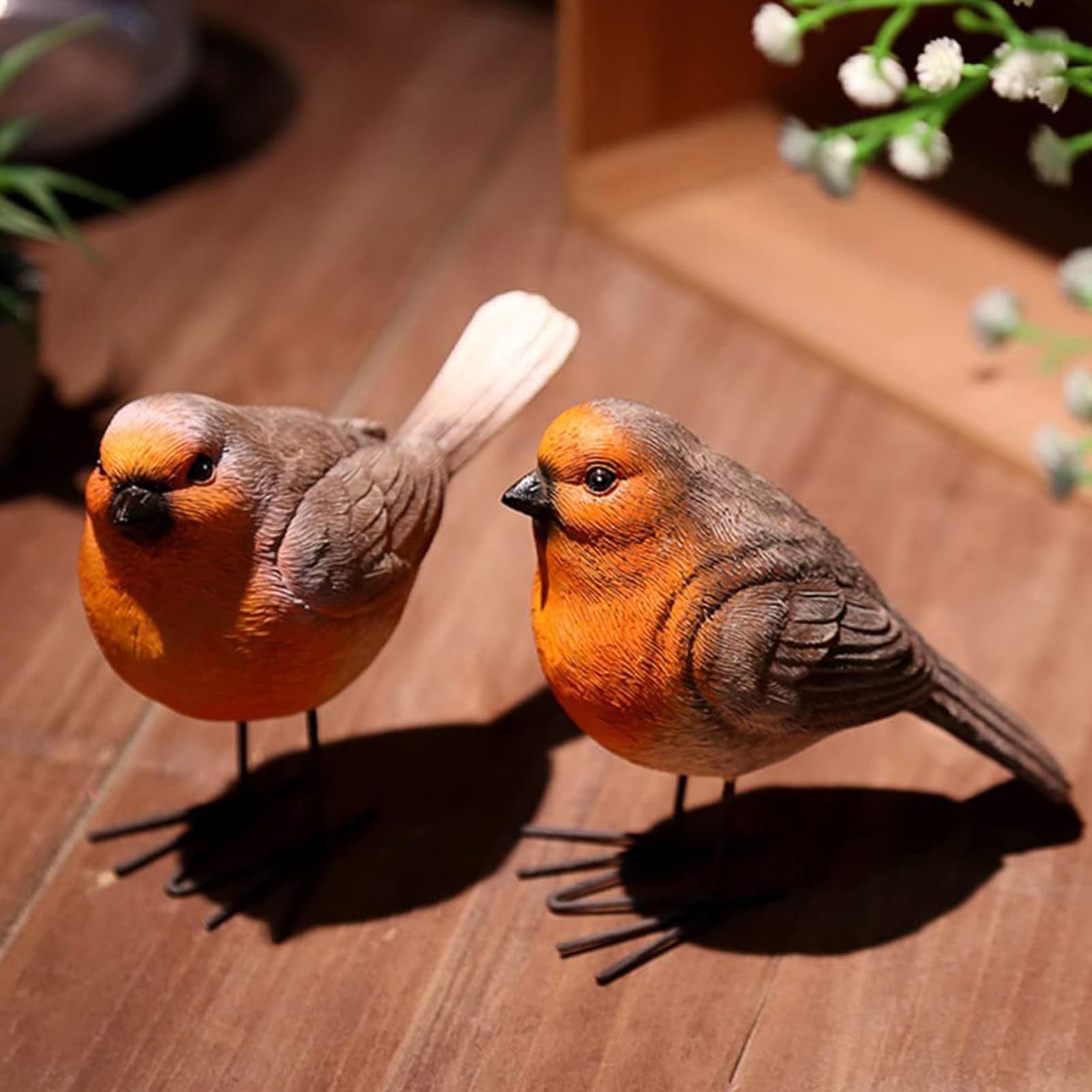 2 Stück Rotkehlchen-Gartenfiguren Aus Kunstharz – Realistisch, 13x11 Cm, Für Innen Und Außen