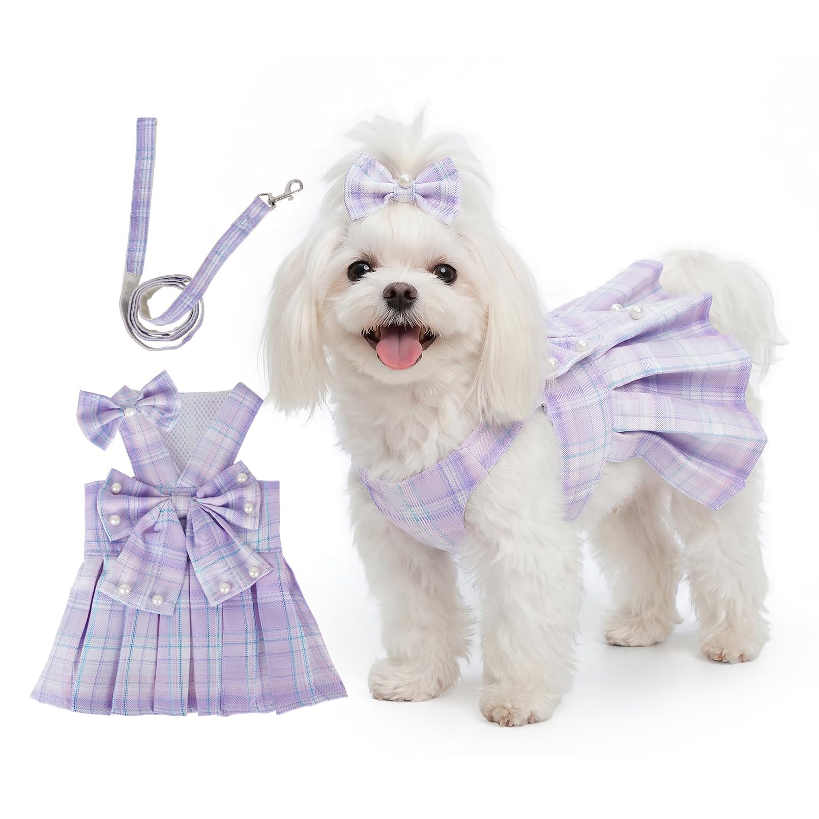 3Pcs Purple Plaid Pet Dress Set, Pearls Bow Dog Dress Female with Harness & Leash, Spring Summer Stylish Cat Dress Outfit for Small Medium Pets-image-2