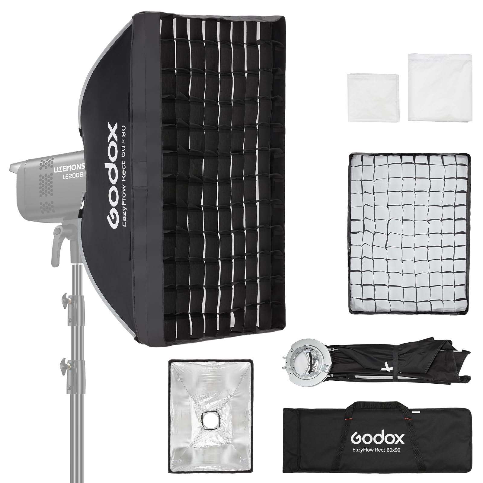Godox EazyFlow Rect Softbox rettangolare 60 x 90 cm / 23,6 x 35,4 pollici a sgancio rapido Bowens Mount Softbox portatile con griglia diffusore e borsa per il trasporto forLE200BI LE300BI SK400 MS300