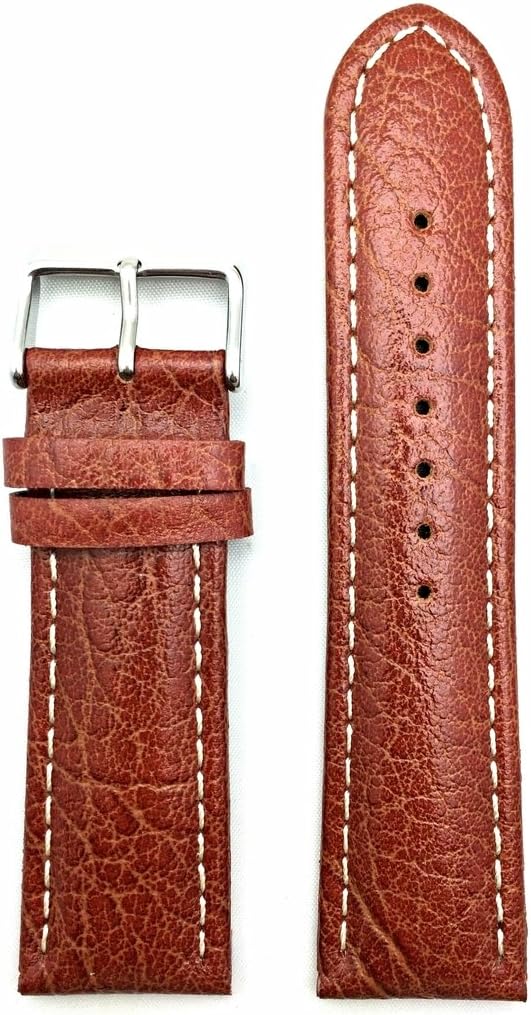NewLife 24mm Honey Brown Genuine Leather Watchband | Sporty, Buffalo Patterned Replacement Wrist Watchstrap with Creamy White Stitches that brings to Any Watch (Mens Standard Length)