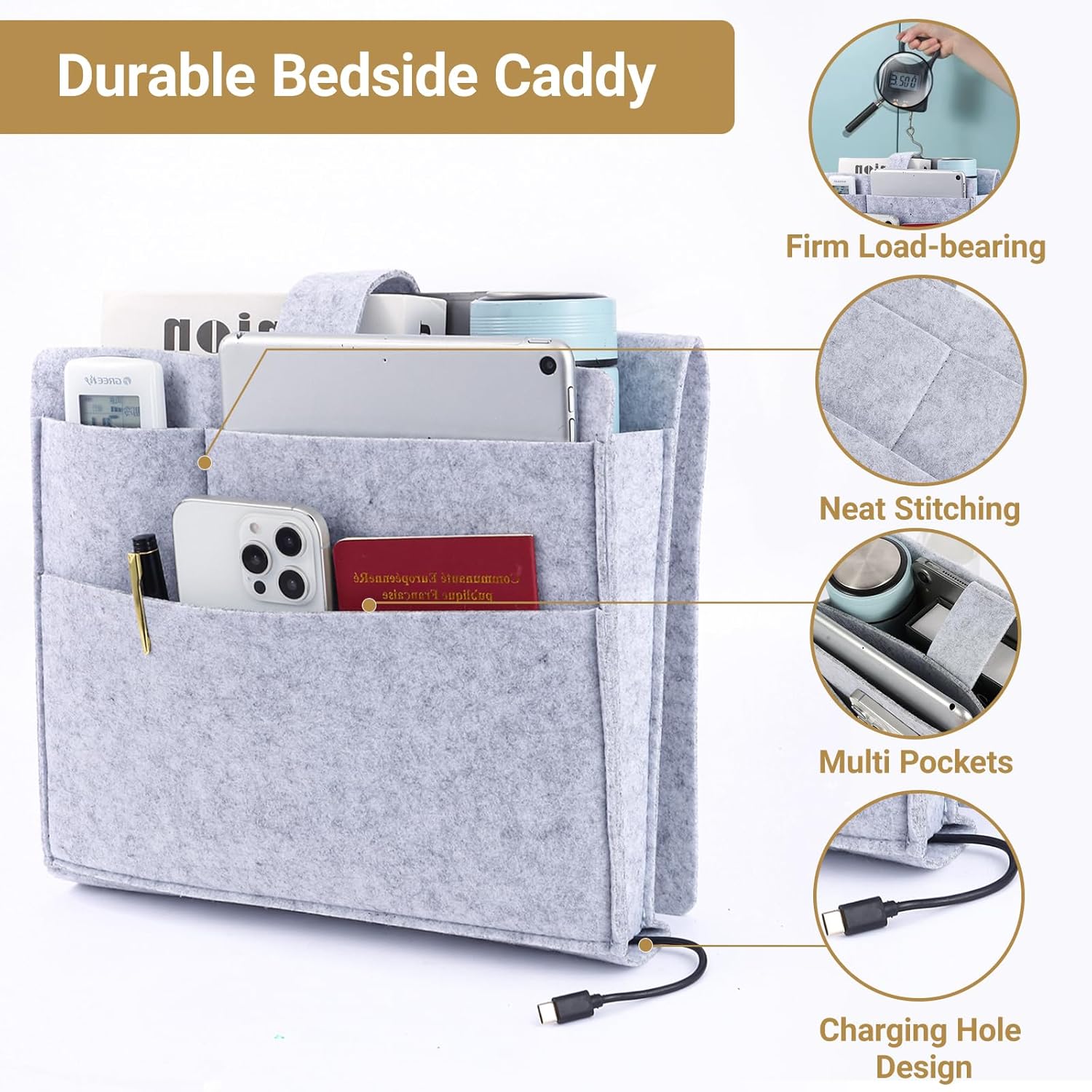 Seefoo Bed Caddy Organizer, Bunk Bed Shelf Caddy with 4 Pockets, Easy Storage as Books, Remotes, Magazine Holder, Sturdy Bedside Organizer for Bed, Bunk, Dorm, Sofa Grey - Image 6