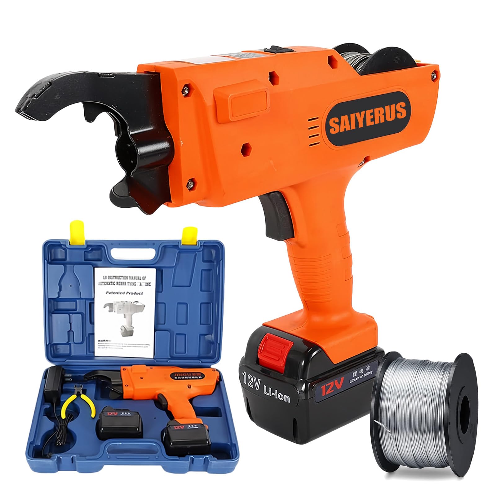SAIYERUS Rebar Tie Gun, 8-34mm/30-60mm Rebar Tier Tying Machine, Electric Reinforcing Rebar Tier Gun, with Toolbox and 2 Rechargeable Batteries(4500mAh/13200mAh), Automatic Rebar Tying Tool,30-60mm