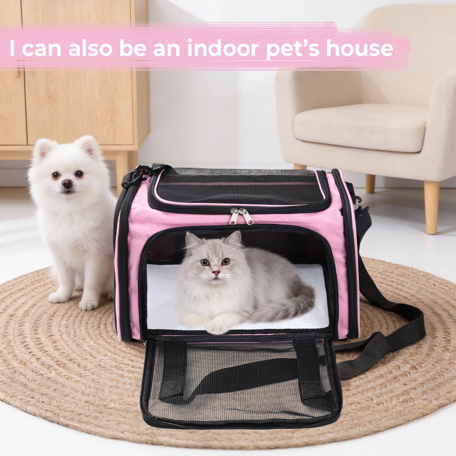 Sac de Transport pour Chat et Chien jusqu'à 5.5 kg,Caisse de Transport Pliable avec Bandoulière Réglable et Matelas Souple–Respirant,Lavable,pour Voyage,Voiture,Vétérinaire(Rose,40x25x25cm)