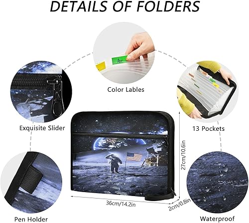 Miniatura 3 de 13 Pockets File Folder Organizer A4Letter Water Resistant Astronaut with Flag Moon Document Bag with Zipper Filing Folder Expanding File Pouch
