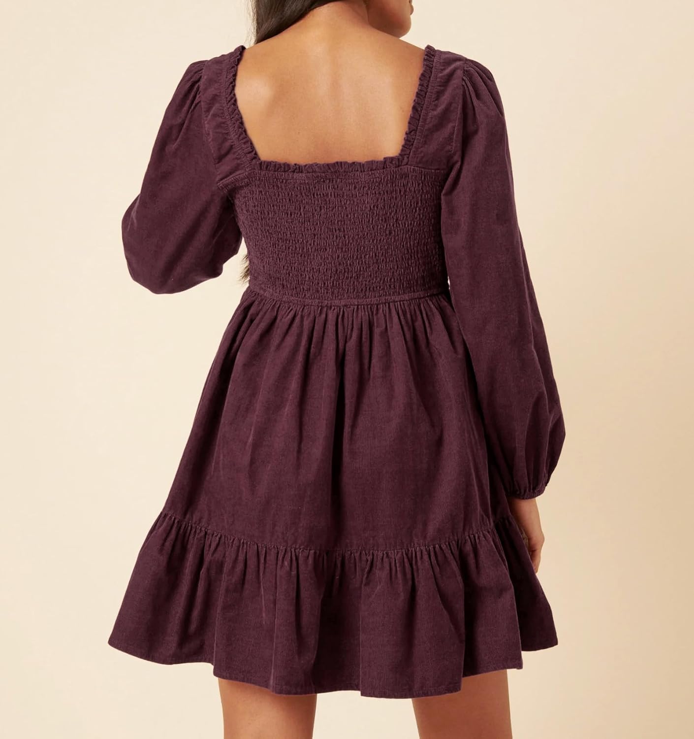 R.Vivimos Womens 2026 Fall Corduroy Cotton Long Sleeve Square Neck Elastic Smocked A-Line Ruffle Mini Dress - Image 3