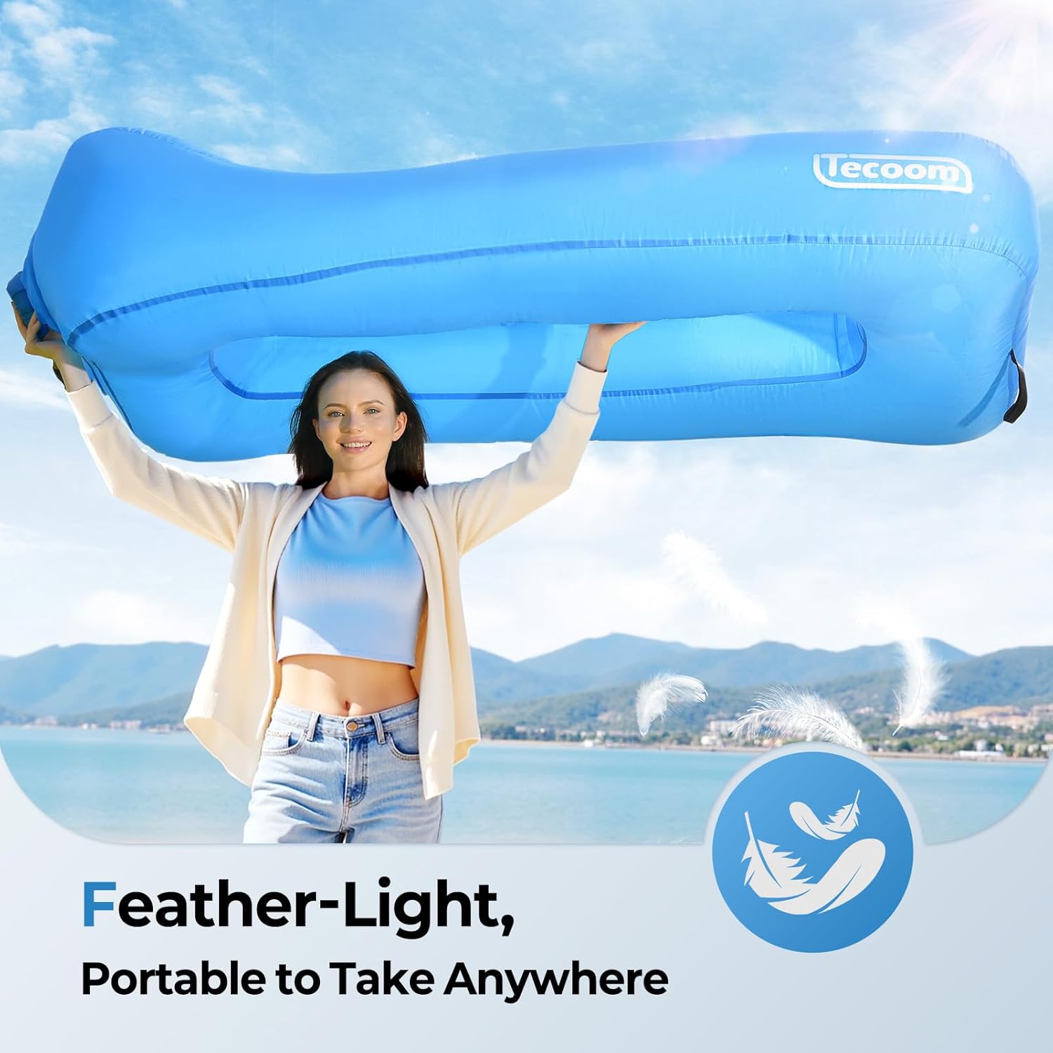 Tecoom Inflatable Lounger Couch Sun Air Sofa Hammock, Waterproof Blow up Beach Chair 2 Person, Glamping Accessories for Camping, Hiking, Traveling, Movies Night, Music Festival, Indoor Outdoor Matches