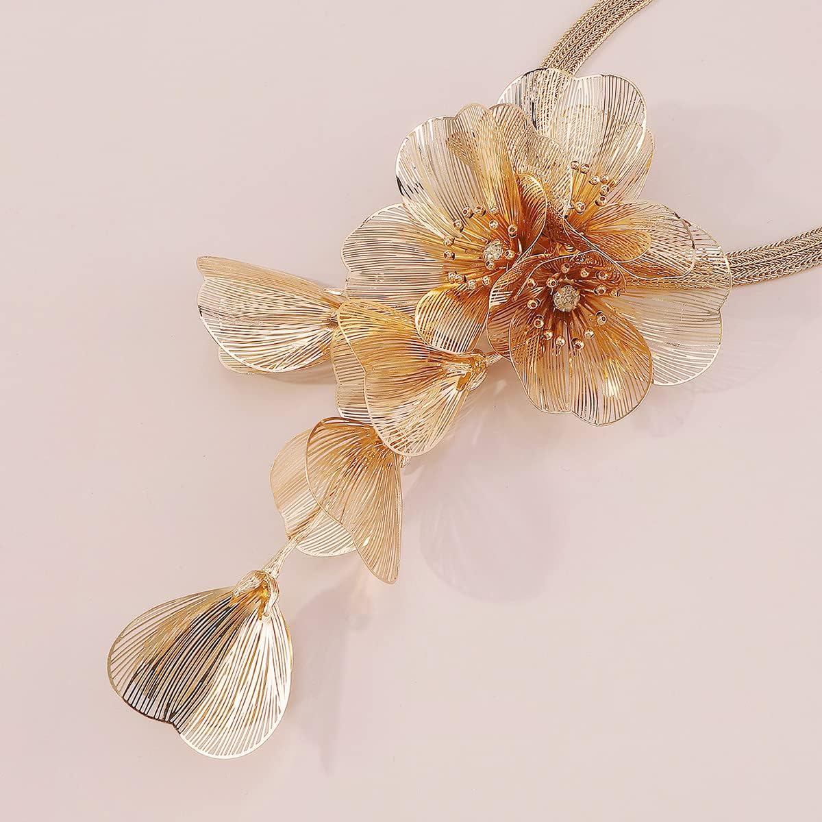 LUREME Big Golden Layered Floral Statement Necklace,Flower Dangle Earrings Boho Layered Floral Petal Drop Earrings for Women(st000802)