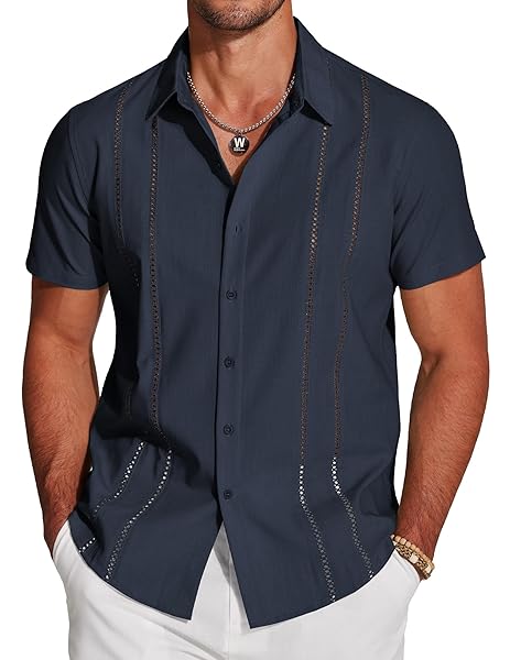 COOFANDY Men's Cuban Guayabera Shirt Short Sleeve Button Down Shirts Casual Summer Beach Linen Shirts