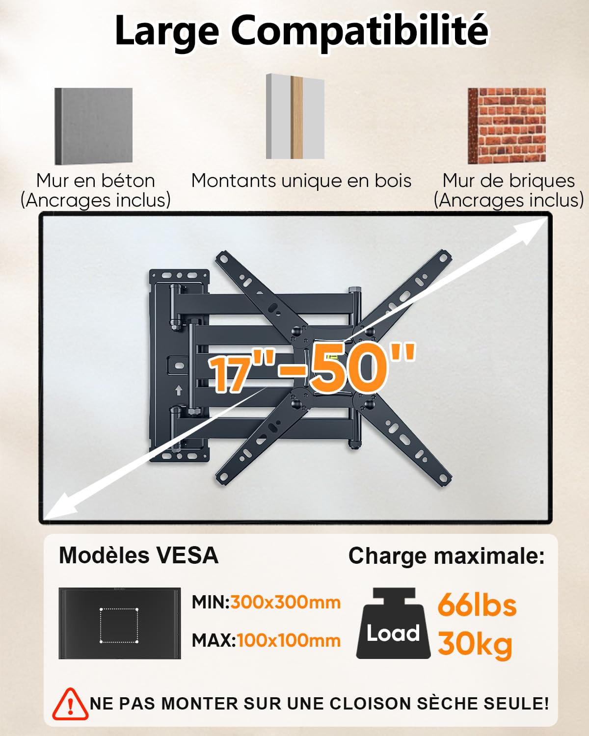 Support Mural TV à Extra Longue Portée 1035 mm, 180° Pivotant Support TV Mural Orientable et Inclinable pour Téléviseurs, Écrans & Monitors 17-50 Pouces LED LCD jusqu'à 30 kg, Max VESA 300x300 mm