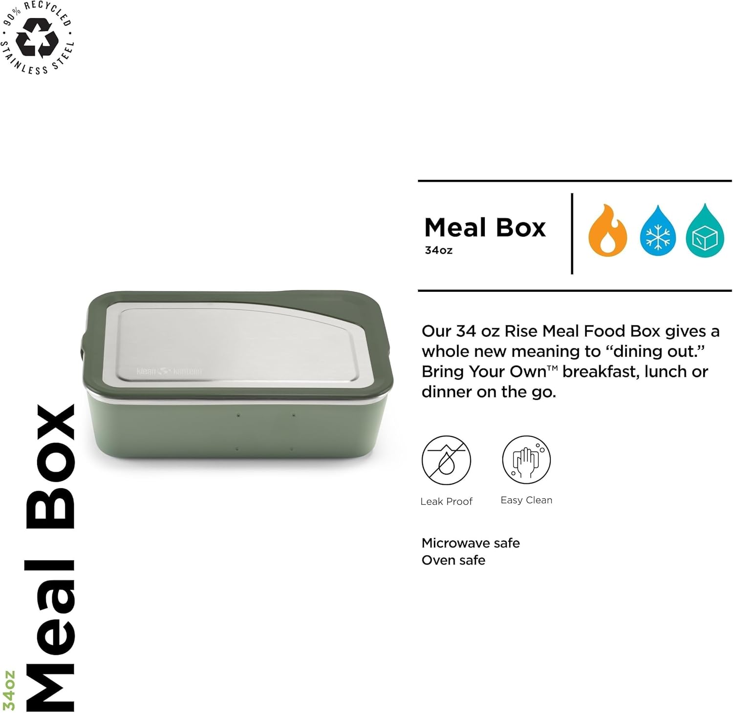 Klean Kanteen Rise Food Box - Meal - Reusable Food Container for Meal Prep, Lunch & More - Stainless Steel Construction - Dishwasher Safe - Sea Spray, 34 oz