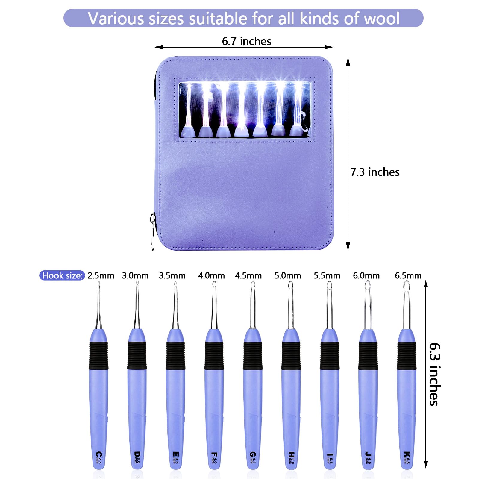 Chuangdi Juego de 9 agujas de ganchillo iluminadas con funda, luz LED, agujas de tejer para manualidades, agujas de tejer de hilo cómodo, mango suave para tejer, 2,5 mm-6,5 mm (morado)