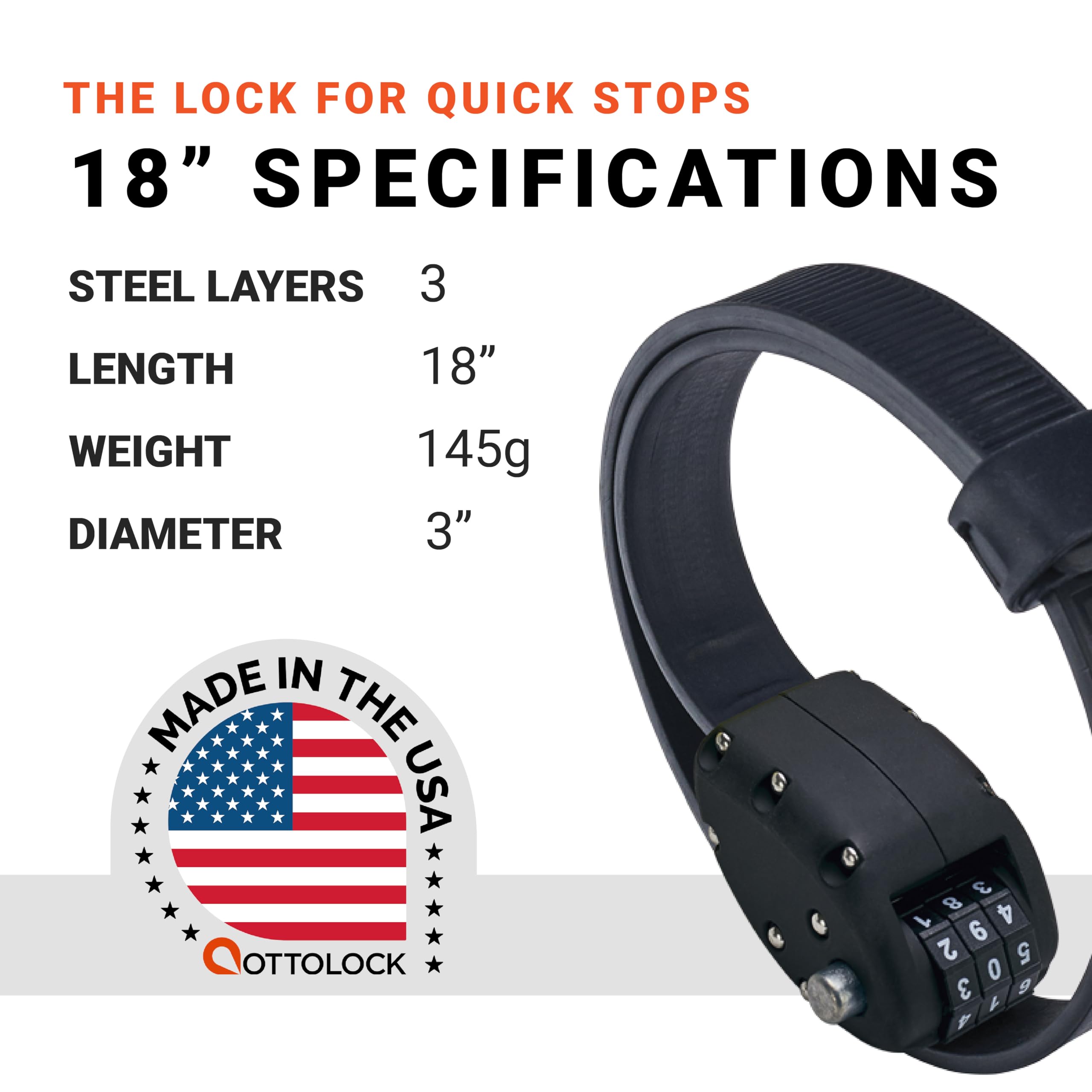 OTTOLOCK Stalowe i Kevlar zapięcie rowerowe z liczbami, 46 cm, lekkie, kompaktowe, bezpieczne, wytrzymałe, idealne dla rowerzystów i sprzętu sportowego, czarne, 46 cm